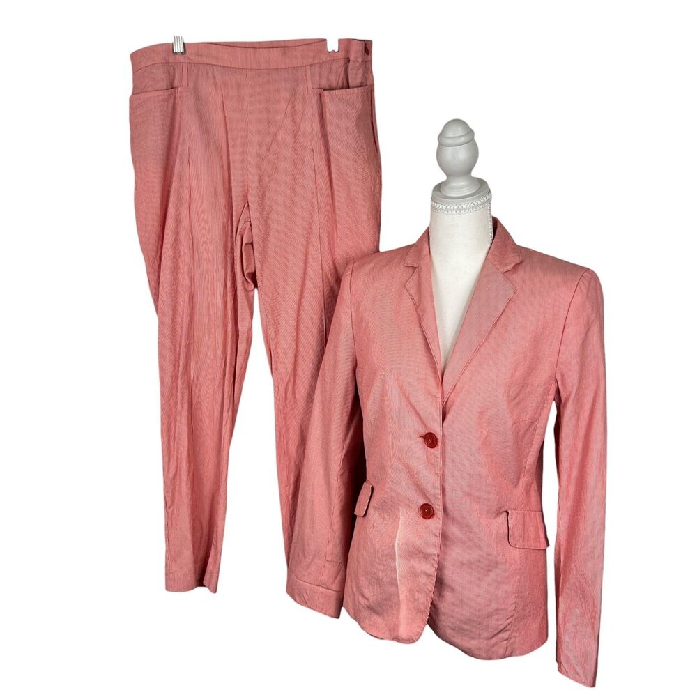 Akris Punto Lightweight 2 Piece Suit Set Women 8-10 Red Striped Blazer Pants